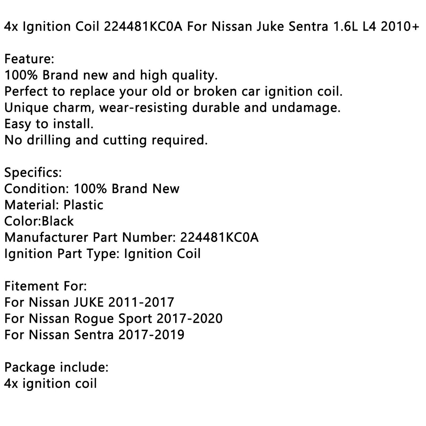 4x Ignition Coil 224481KC0A For Nissan Juke Sentra 1.6L L4 2010+