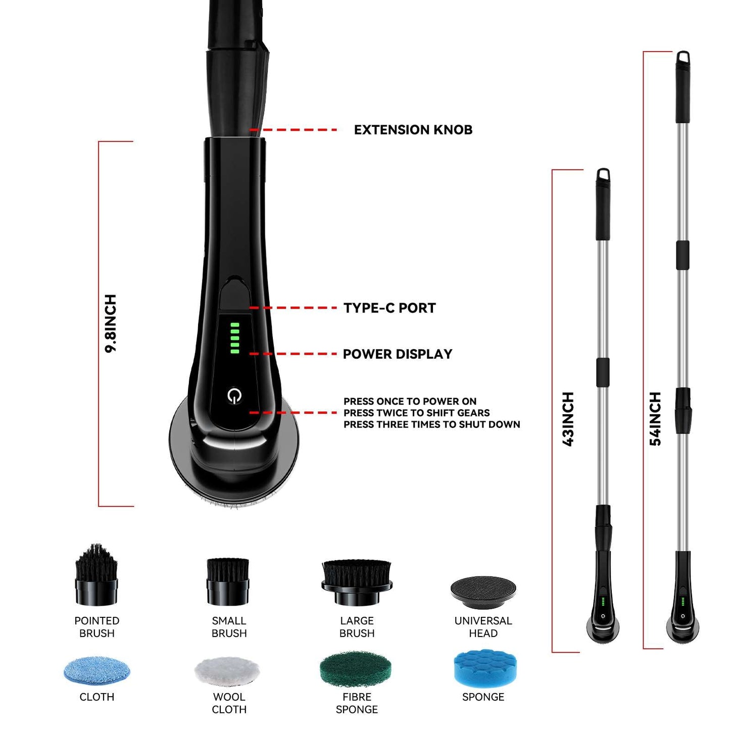 Electric Spin Scrubber Cleaning Brush W/4 Brush Heads for Cleaning Kitchen Window Sink Dish Grout Wall Bathtub Celling