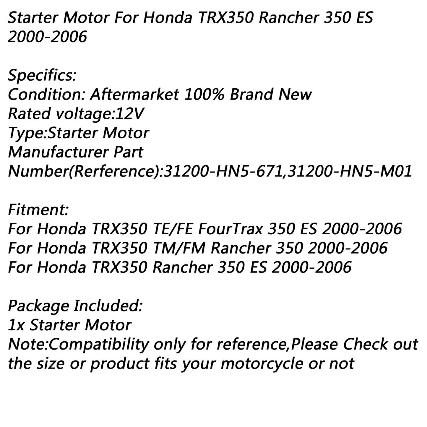 Electric Starter Motor for Honda TRX350 TE/FE FourTrax 350 TM/FM Rancher 2006 Champoo