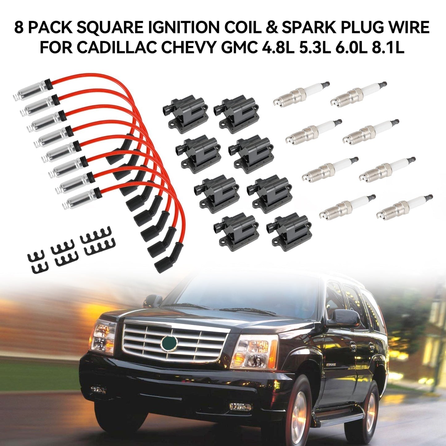 2001-2007 Mercruiser All Models 8 Pack Square Ignition Coil & Spark Plug Wire 12556893 12558693 12570553