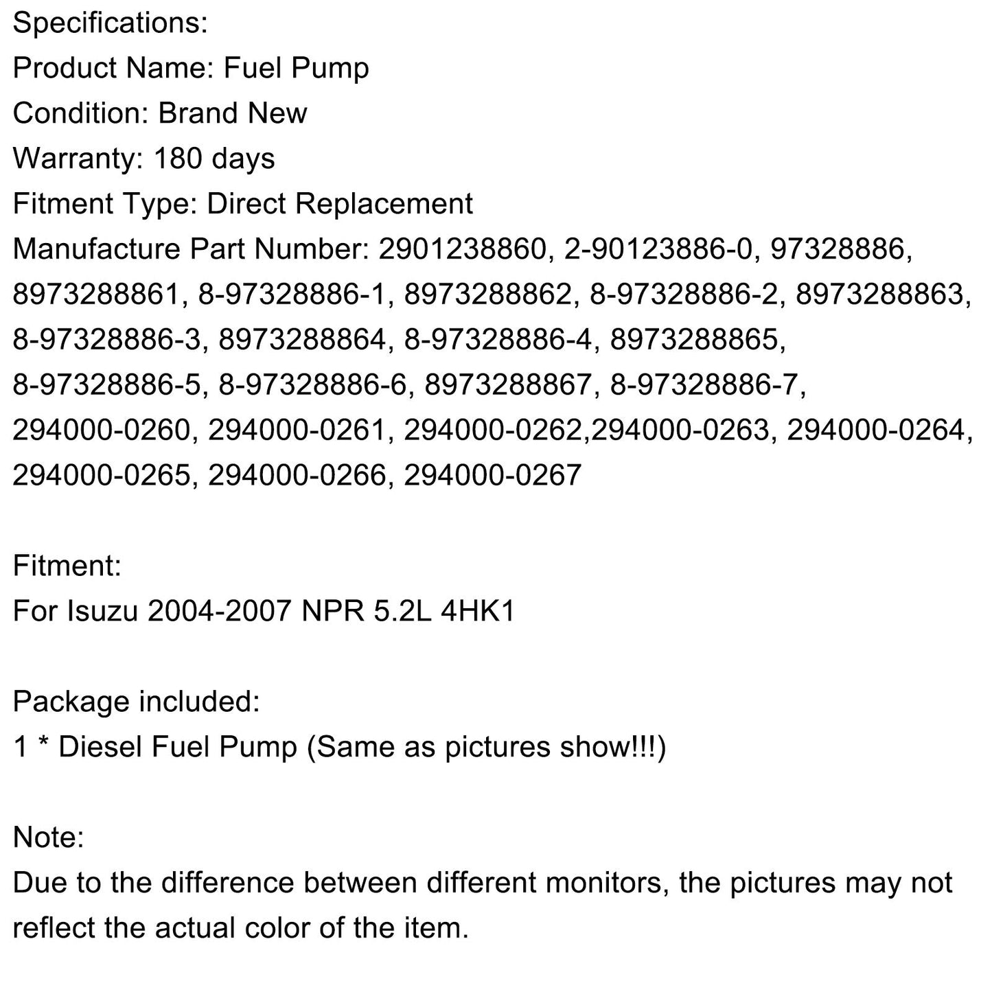 Isuzu 2004-2007 NPR 5.2L 4HK1 Diesel Fuel Pump 294000-0266 2901238860 97328886 Fedex Express