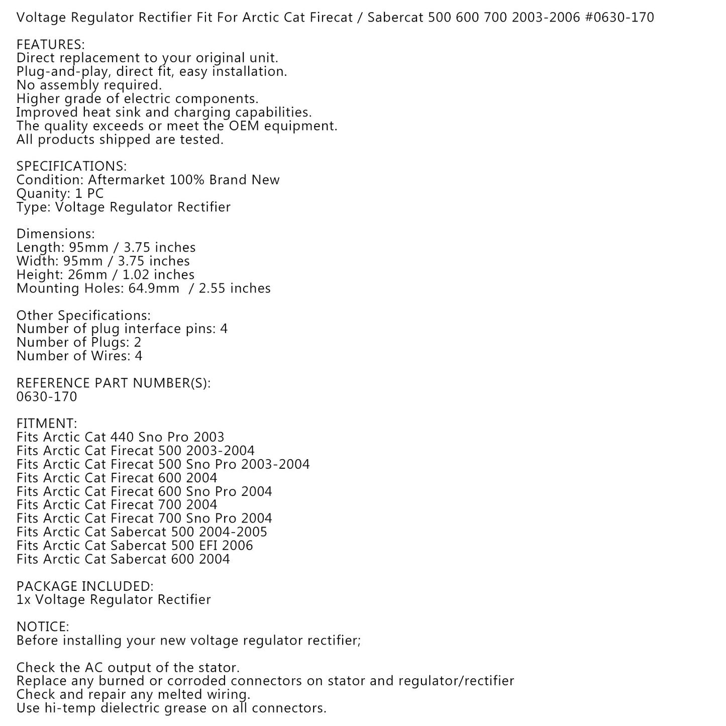 Regulator Voltage Rectifier Fit for Arctic Cat Firecat Sabercat 500 600 0630-170