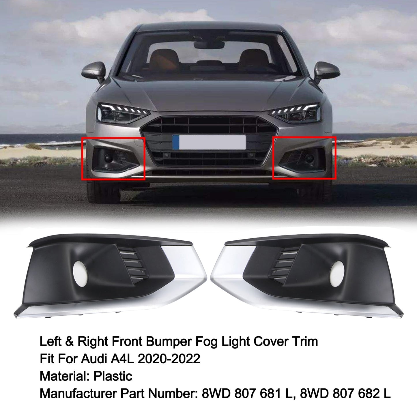 2020-2022 Audi A4L Left & Right Front Bumper Fog Light Grille Cover Trim 8WD807682L/1L