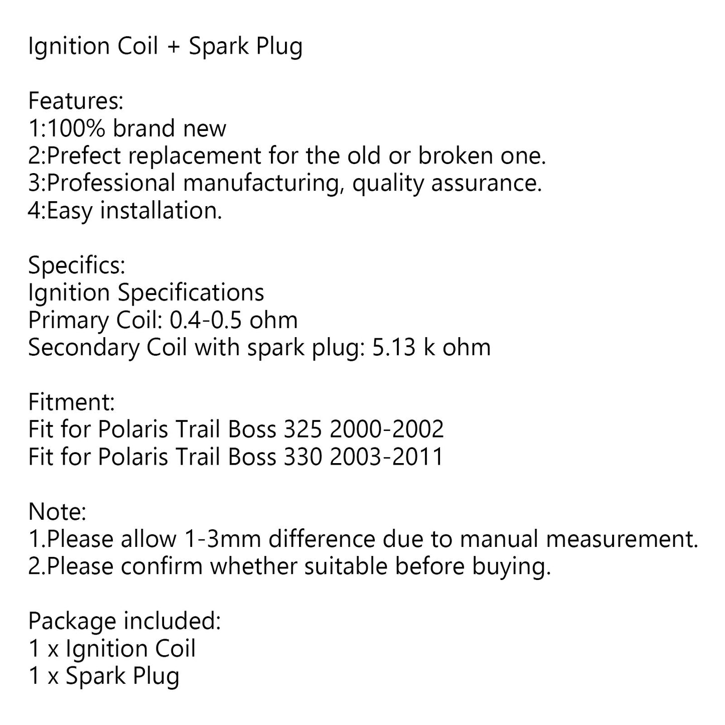 Ignition Coil + Spark Plug fit for Polaris ATV Trail Boss 325 330 31401-40F00