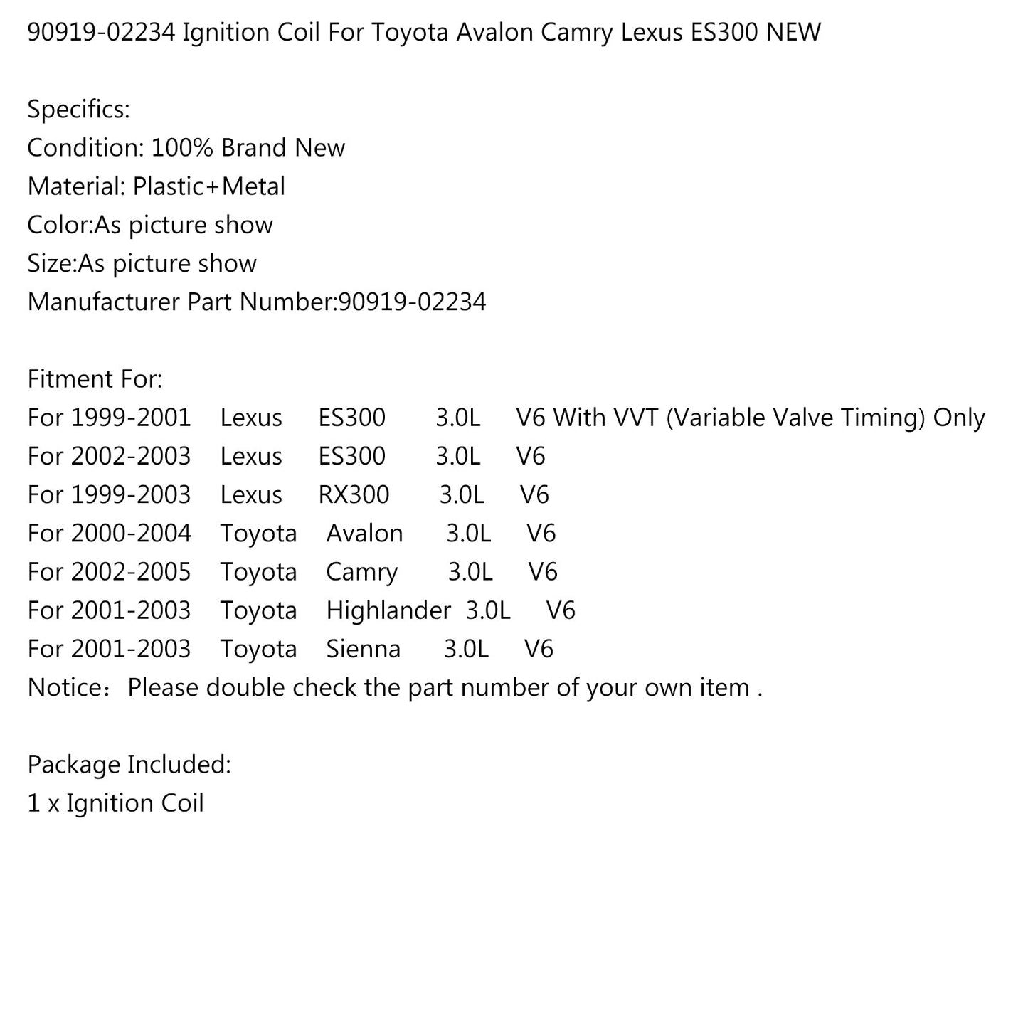 90919-02234 Ignition Coil For Toyota Avalon Camry Lexus ES300 NEW