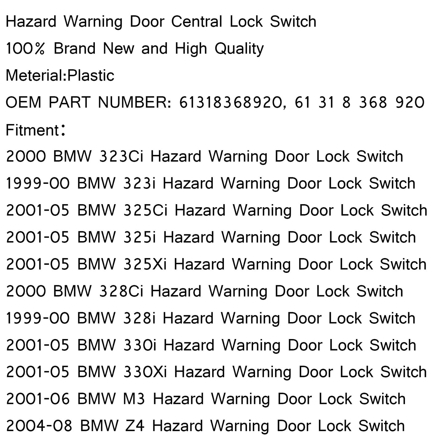 EMERGENCY Hazard Warning Door Central Lock Locking Switch For BMW E46 E53 E85