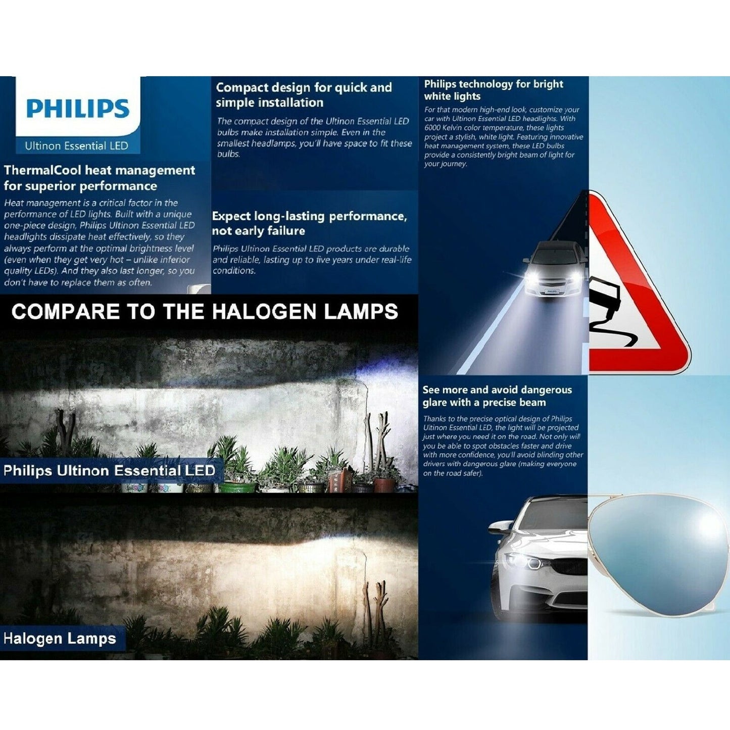 2PCS Philips H1 Led Ultinon Essential Car White Headlight Bulbs 6500K 19W