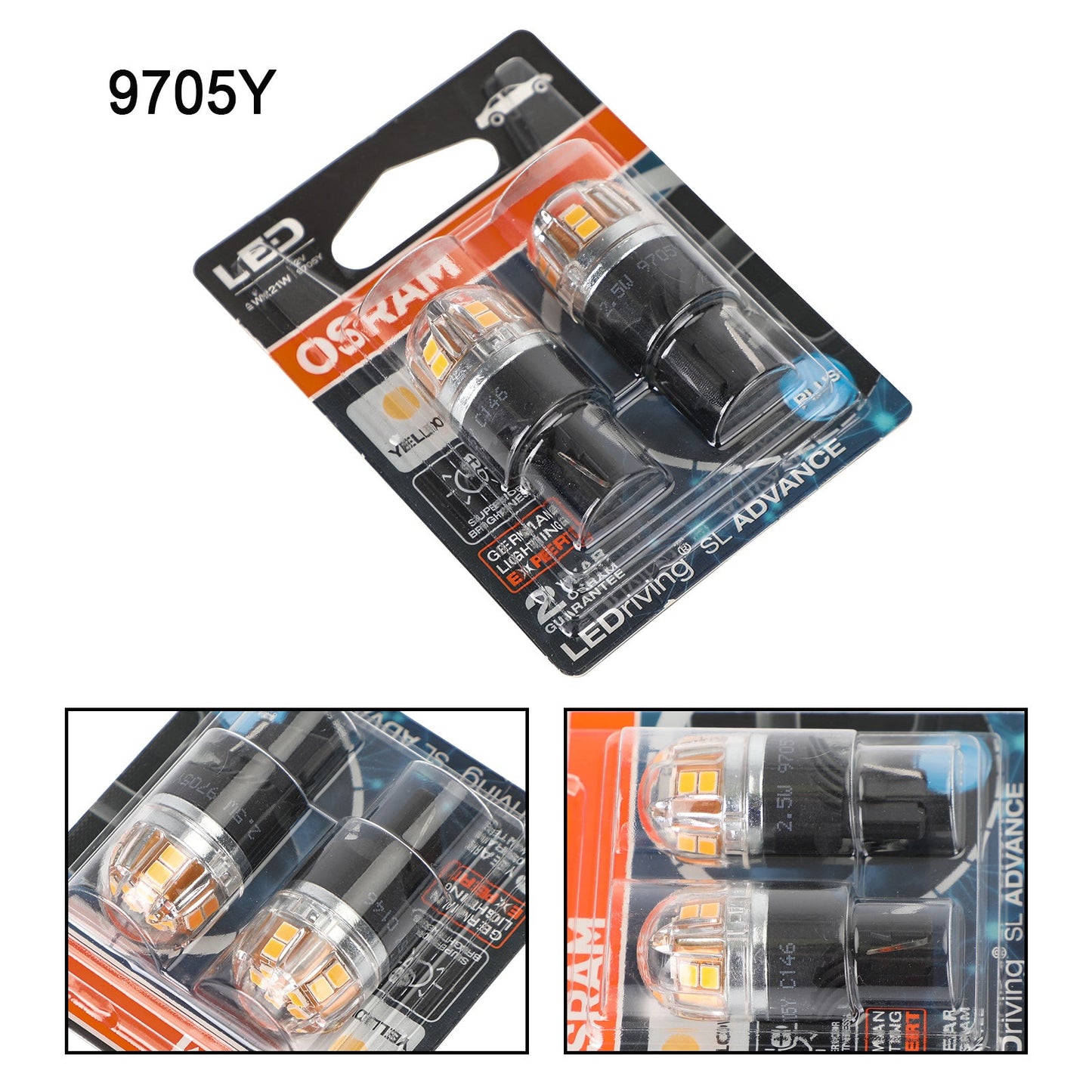 2x For OSRAM 9705Y Car Auxiliary Bulbs LED WY21W 12V2.5W WX3x16d