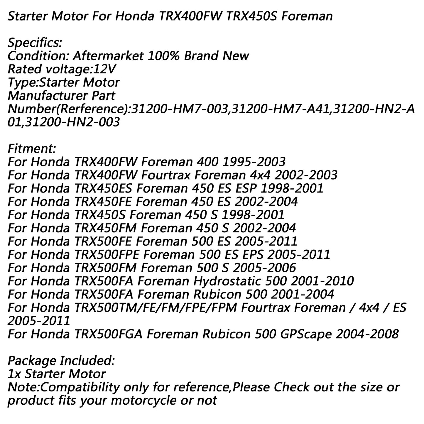 Electric Starter Motor for Honda TRX 400FW Fourtrax Foreman 400 500 1995-2003 Champoo