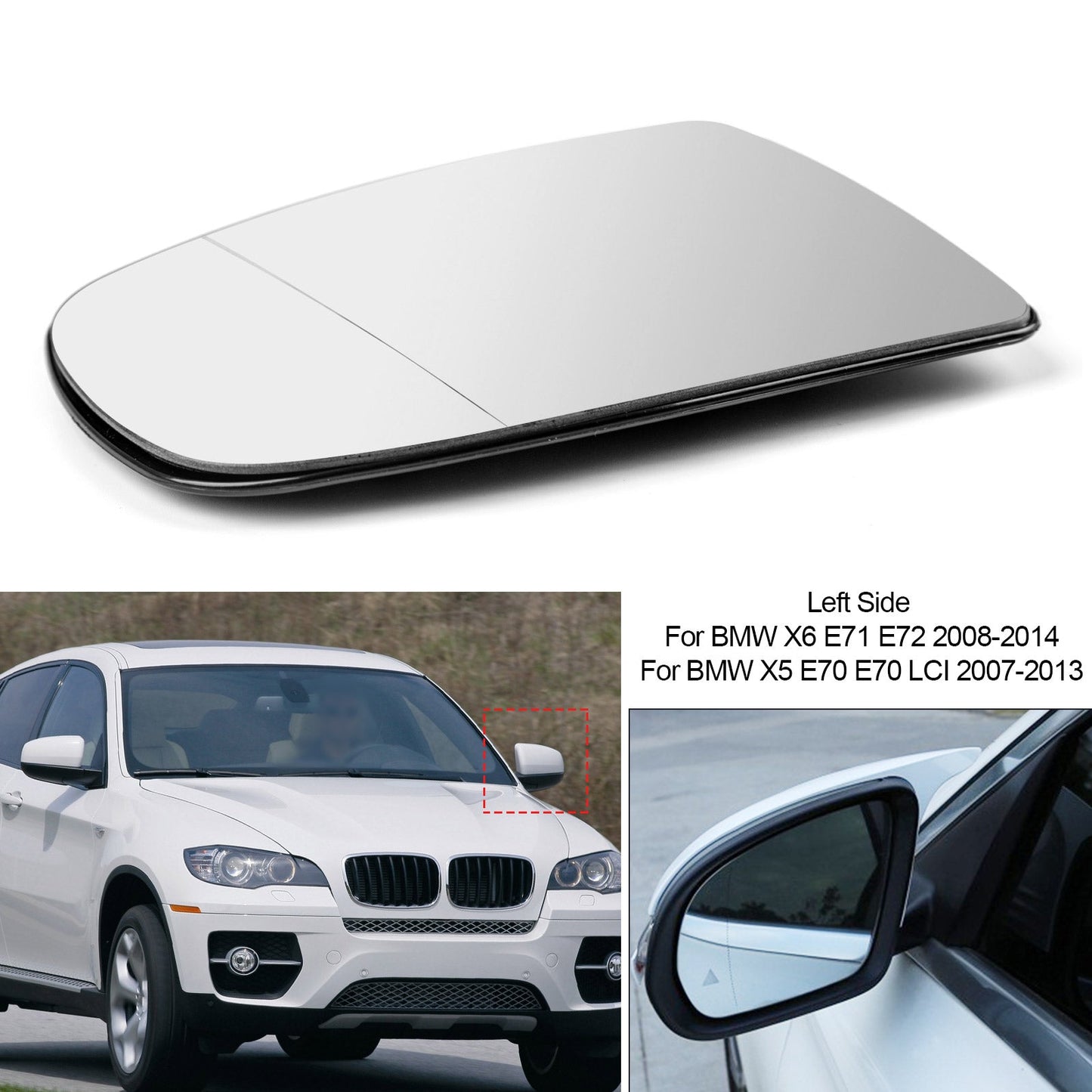 2008-2014 BMW X5 X6 E70 E71 E72 Left Heated Wing Side Mirror White Glass