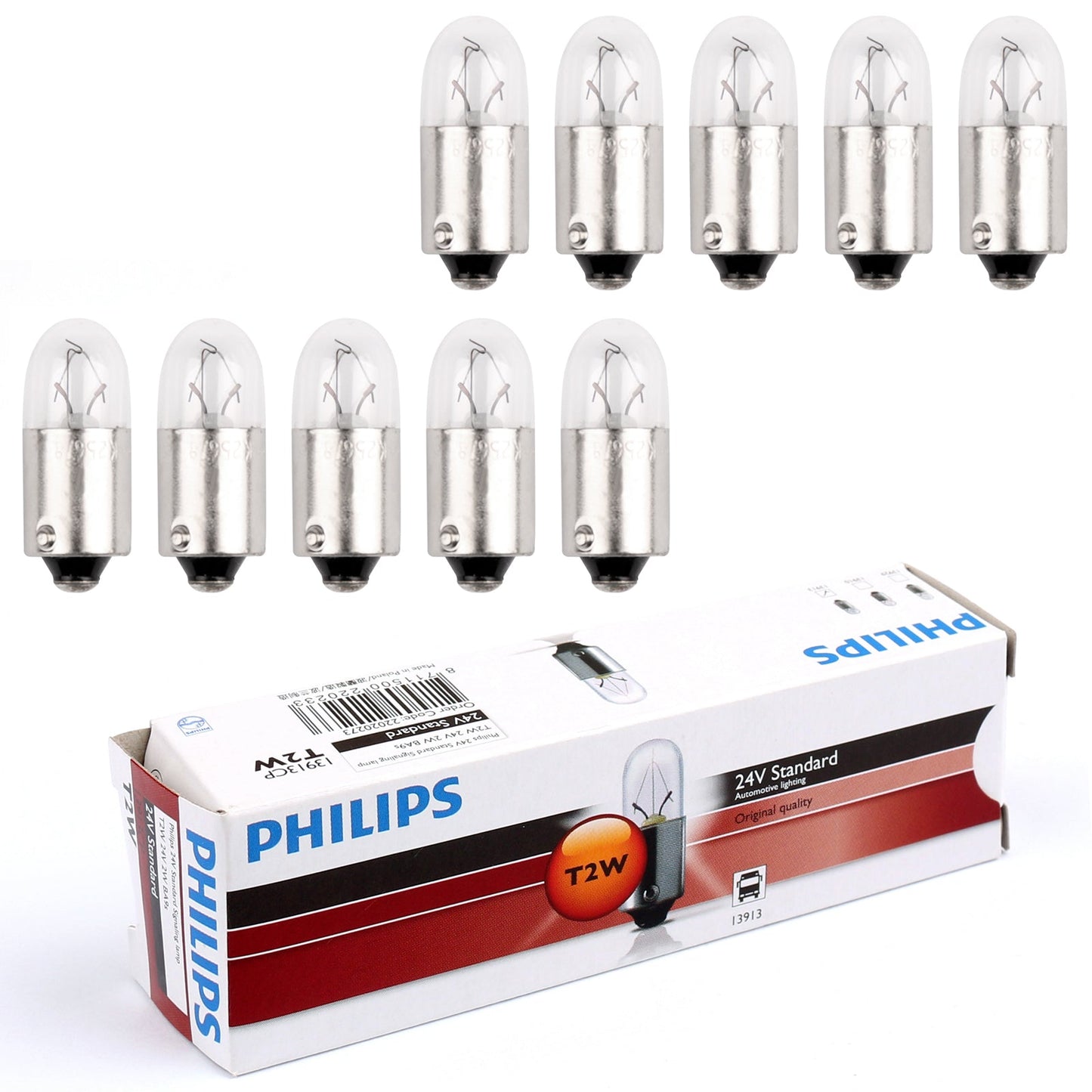 10pcs For Philips 13913 24V2W T2W BA9s 3200K Standard Signaling Lamp Bulbs