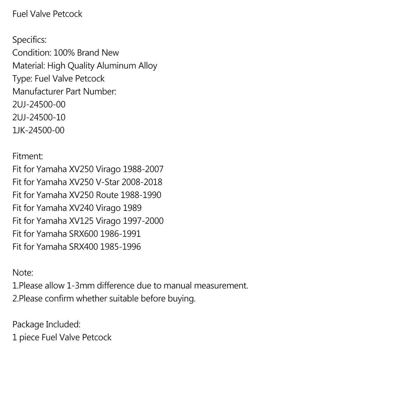 FUEL VALVE PETCOCK fit for Yamaha 2UJ-24500-00 XV250 XV125 Virago SRX600 SRX400