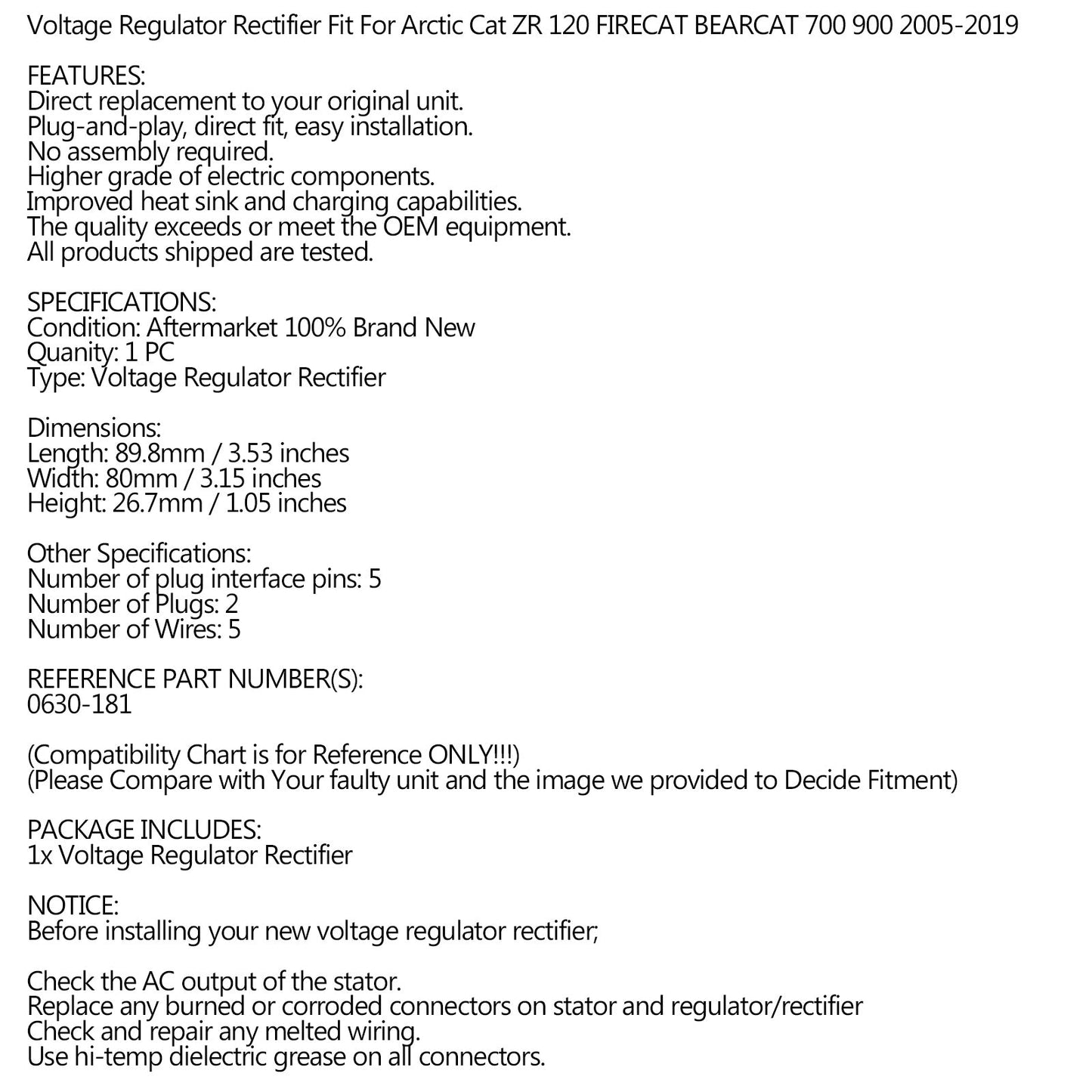 Rectifier Regulator Fit for Arctic Cat M5 M7 ZR SNO PRO FIRECAT 05-16 0630-181