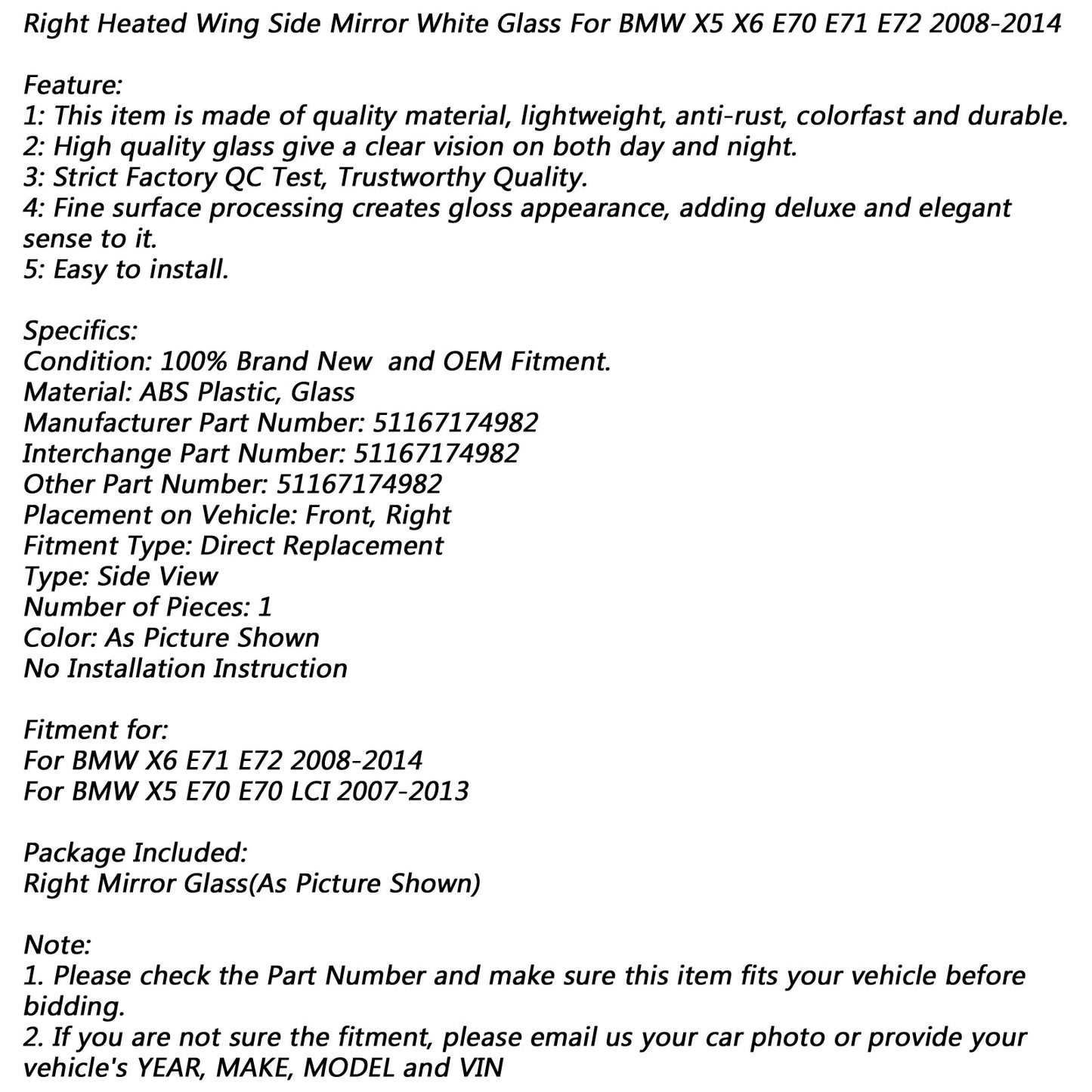 2008-2014 BMW X5 X6 E70 E71 E72 Right Heated Wing Side Mirror White Glass