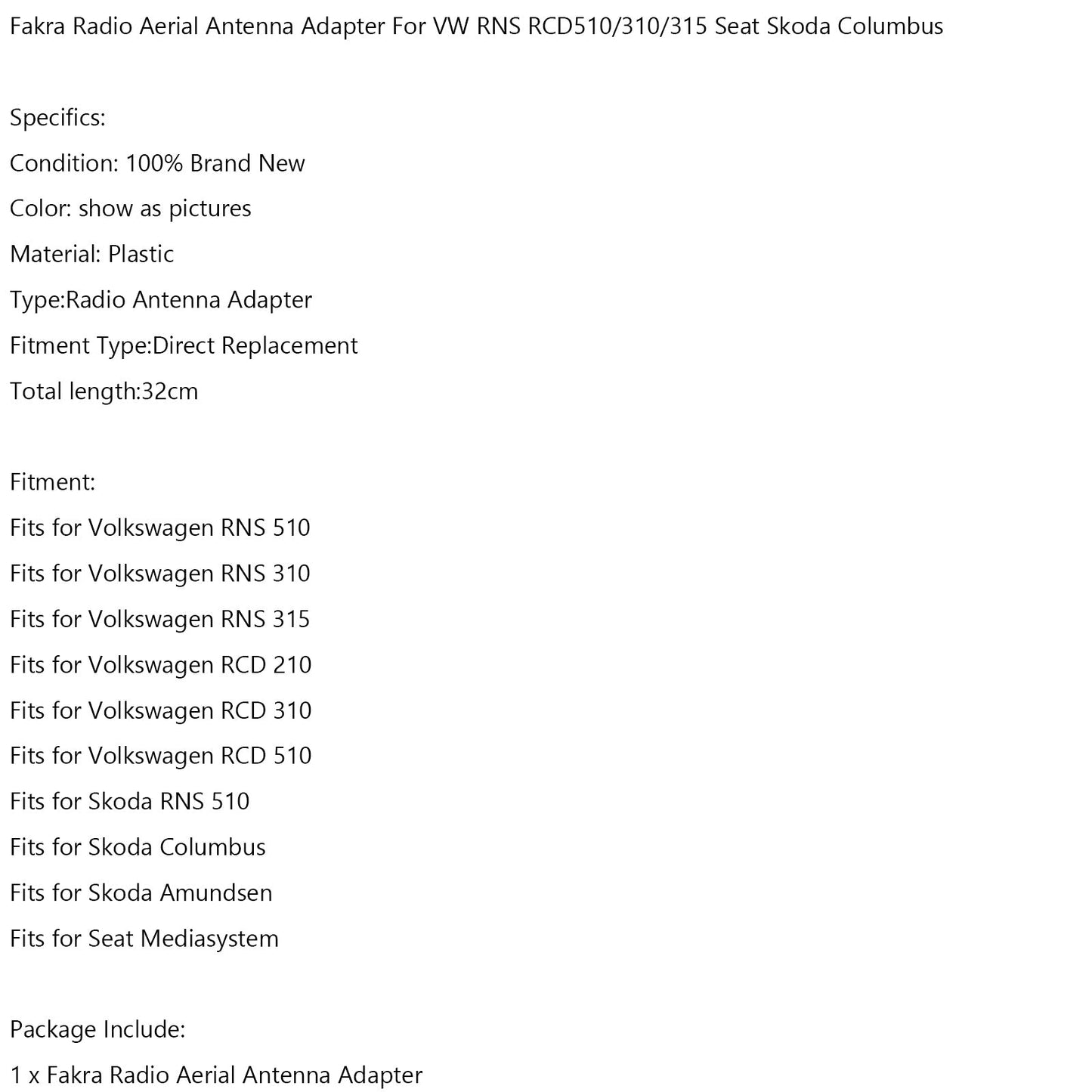 VW RNS RCD510/310/315 Seat Skoda Columbus Fakra Radio Aerial Antenna Adapter