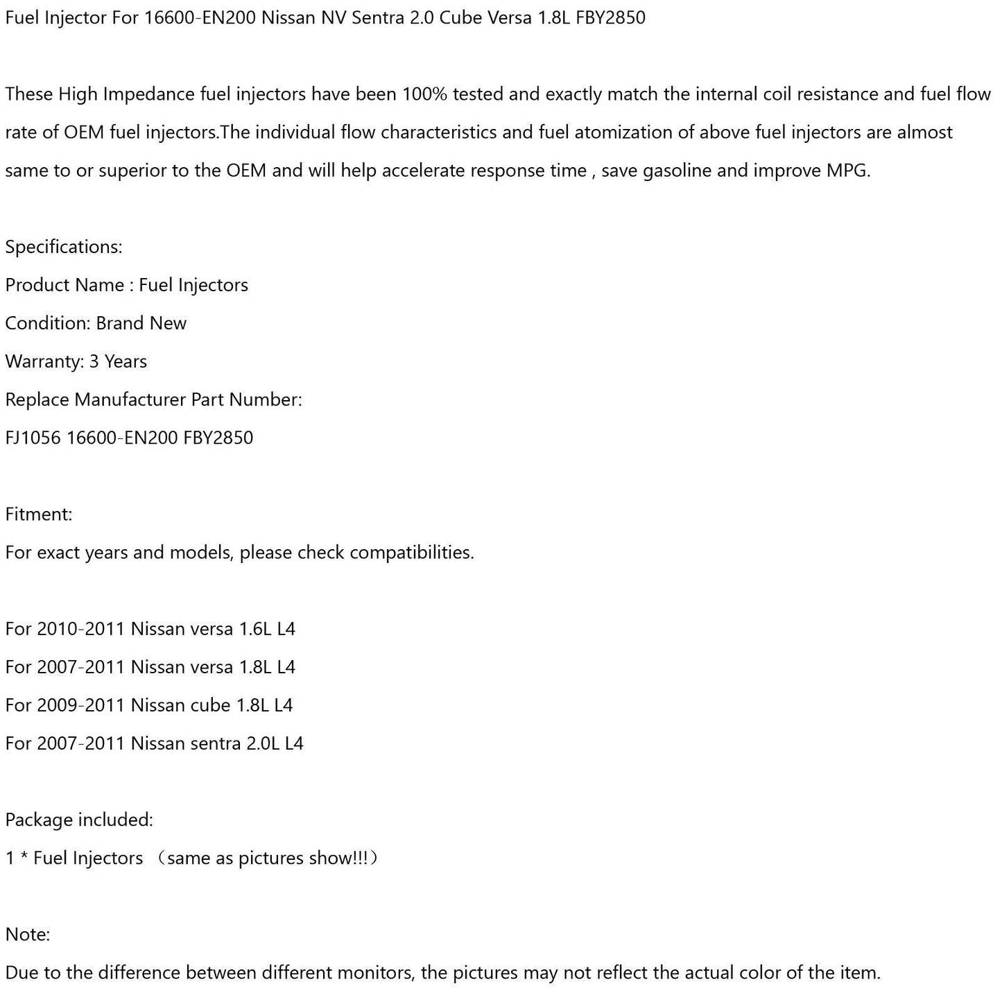 Fuel Injector Fit 16600-EN200 Nissan NV Sentra 2.0 Cube Versa 1.8L FBY2850 Champoo