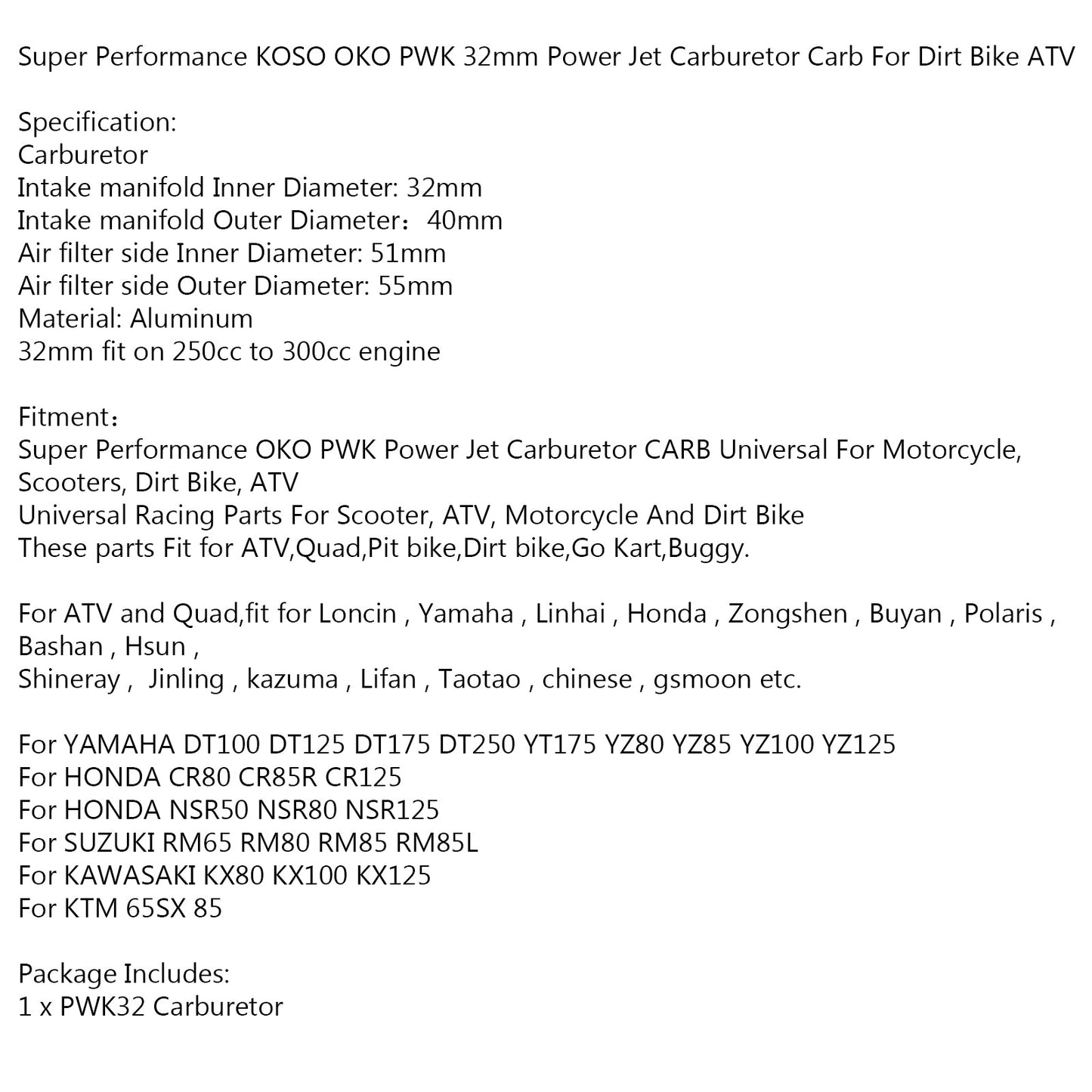 Super Performance KOSO OKO PWK 32mm Power Jet Carburetor Carb For Dirt Bike ATV