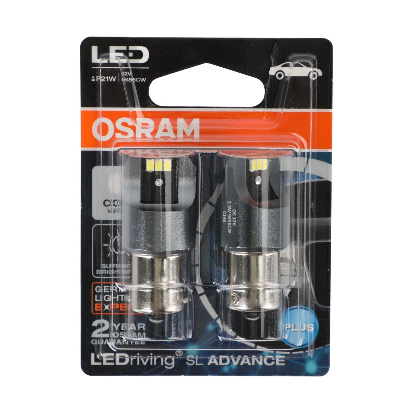 2x OSRAM 9456CW Car Auxiliary Bulbs LED P21W 12V2.5W BA15s