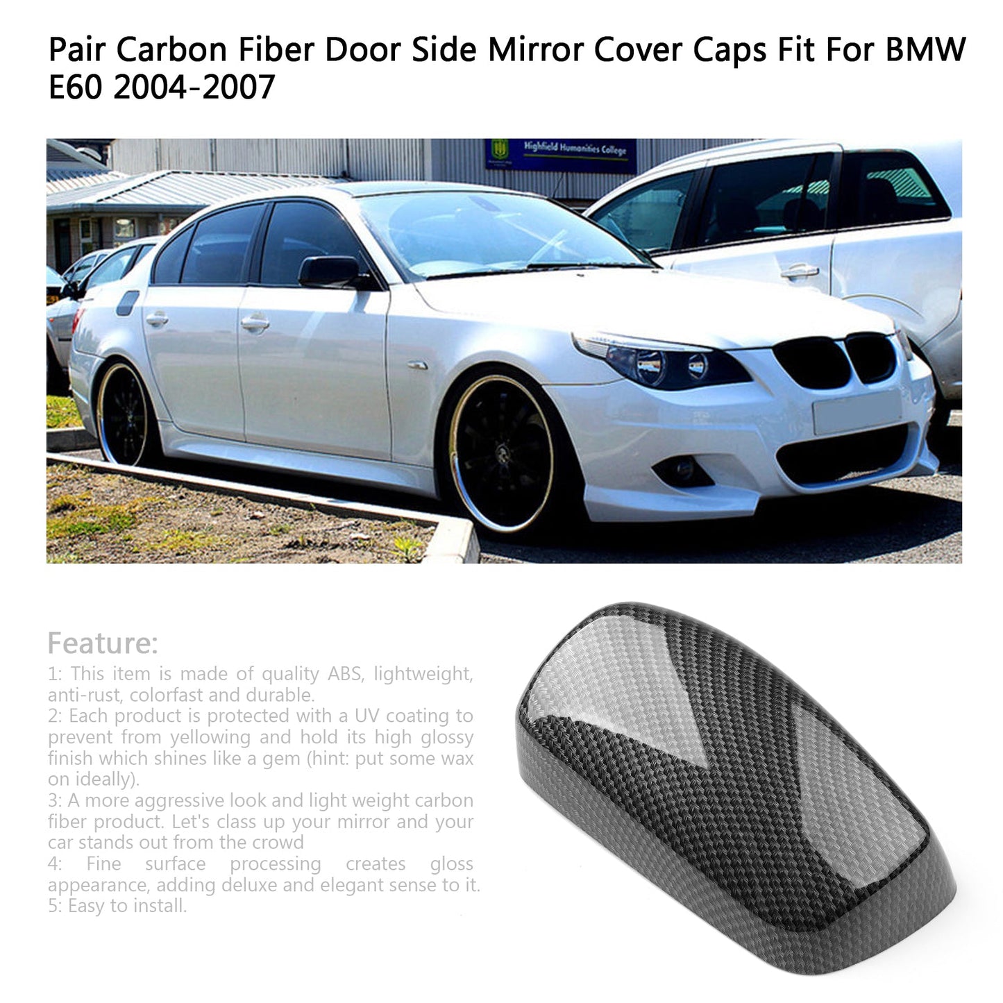 2004-2007 BMW E60 Pair Carbon Fiber Door Side Mirror Cover Caps Fit