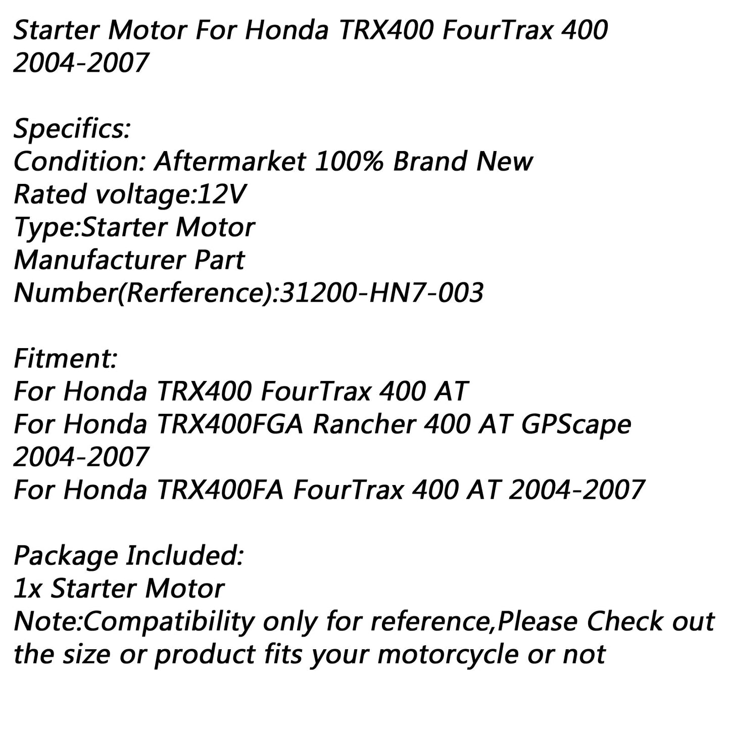 Electric Starter Motor for Honda TRX400 FourTrax 400 AT TRX400FGA 2004-2007 Champoo