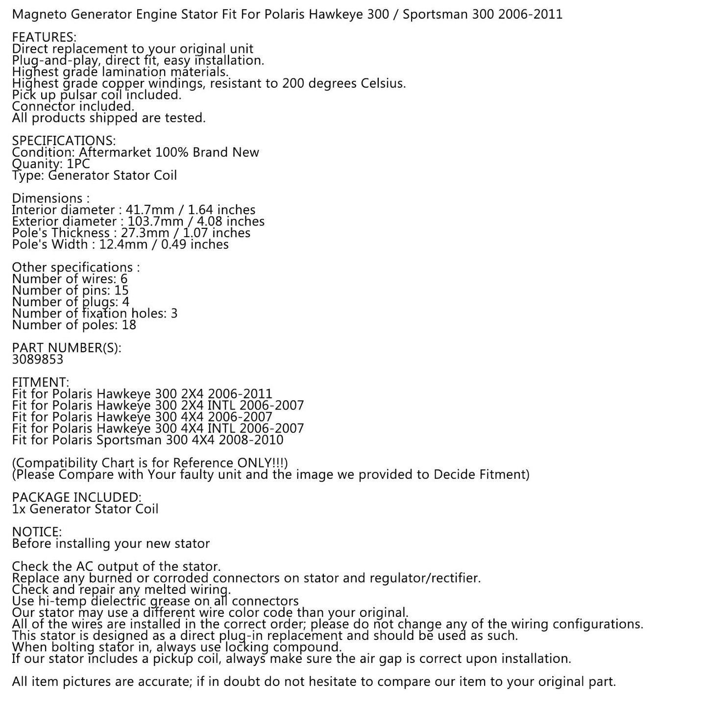 Stator Magneto Fit for Polaris Sportsman 300 08-10 Hawkeye 300 06-11 3089853