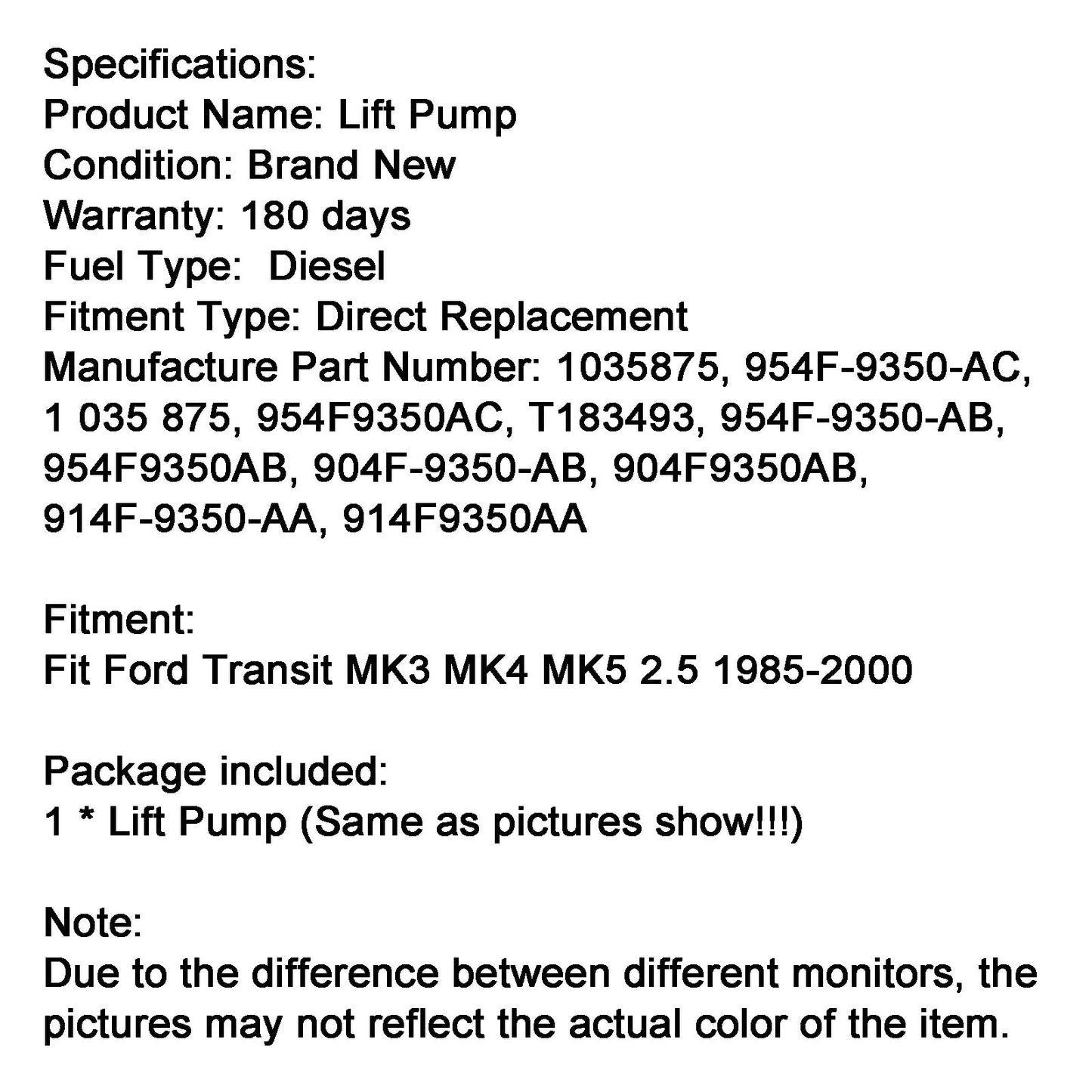 1985-2000 Ford Transit MK3 MK4 MK5 2.5 Fuel Lift Pump 1035875 954F9350AC  T183493