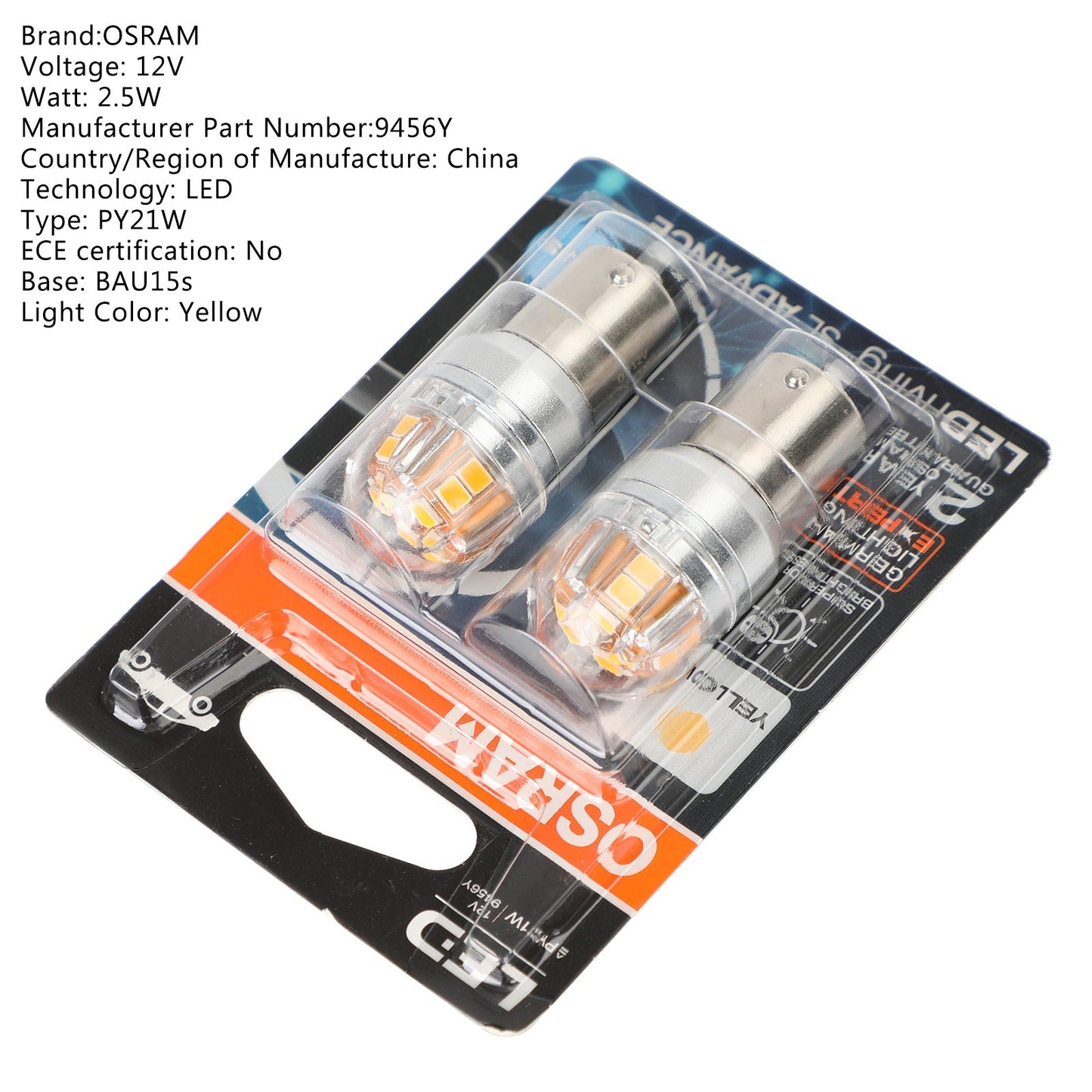 2x OSRAM 9456Y Car Auxiliary Bulbs LED PY21W 12V2.5W BAU15s