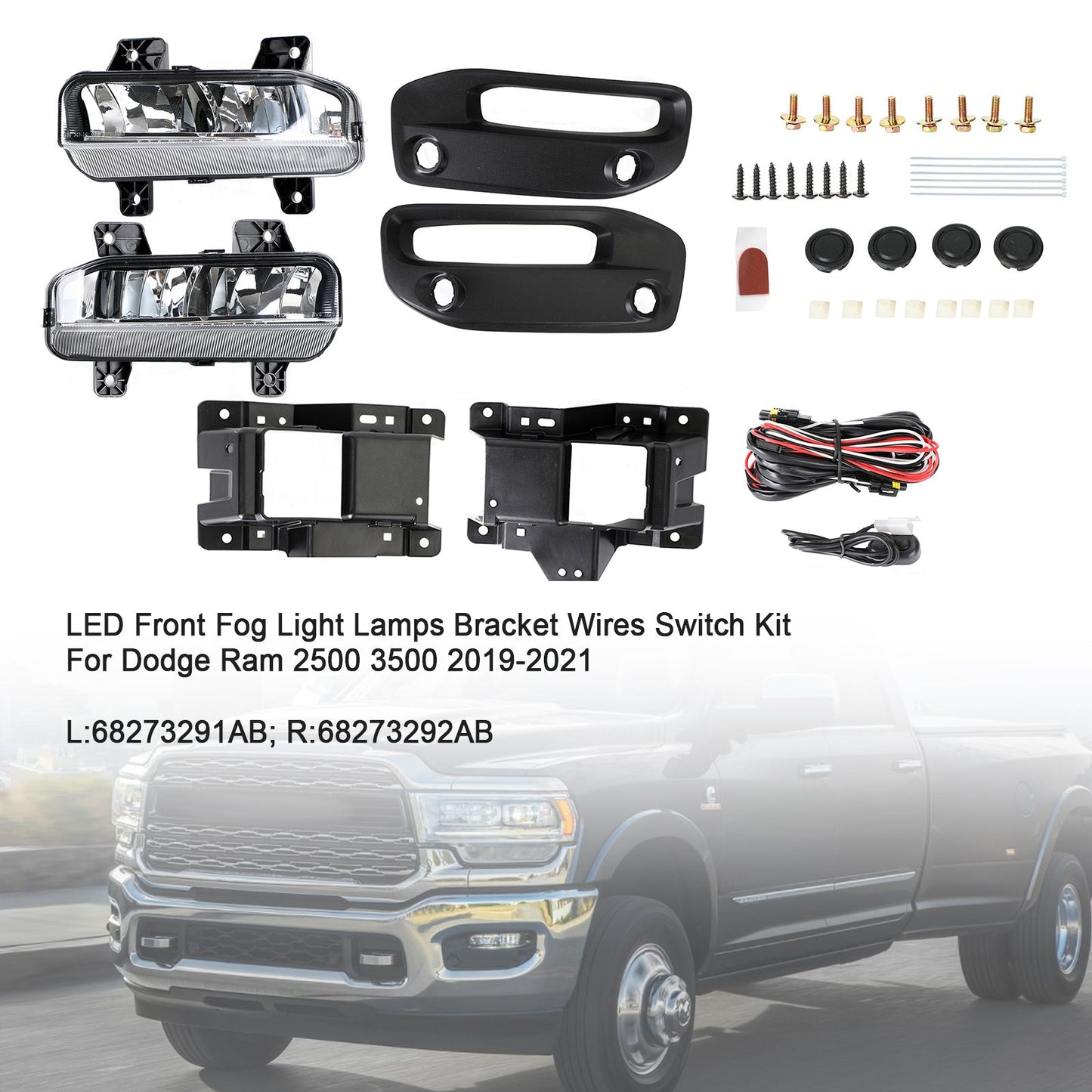 19-21 Ram 2500/3500 Dodge LED Front Fog Light Lamps Bracket Wires Switch L:68273291AB R:68273292AB