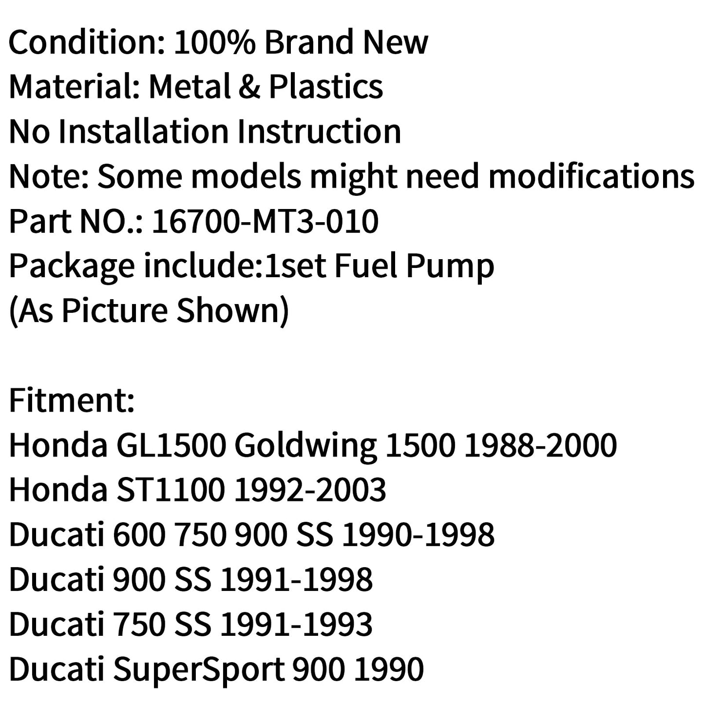 FUEL PUMP ASSEMBLY Fit for Honda ST1100 GL1500 Goldwing 1988-2003 16700-MT3-010 Champoo