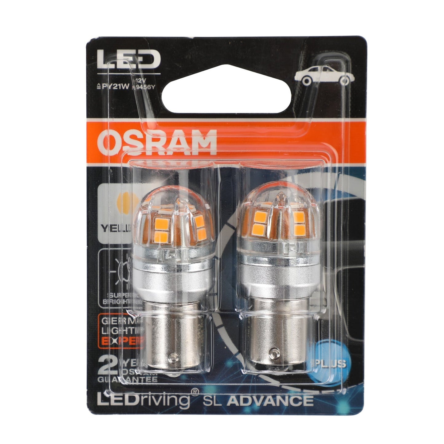 2x OSRAM 9456Y Car Auxiliary Bulbs LED PY21W 12V2.5W BAU15s