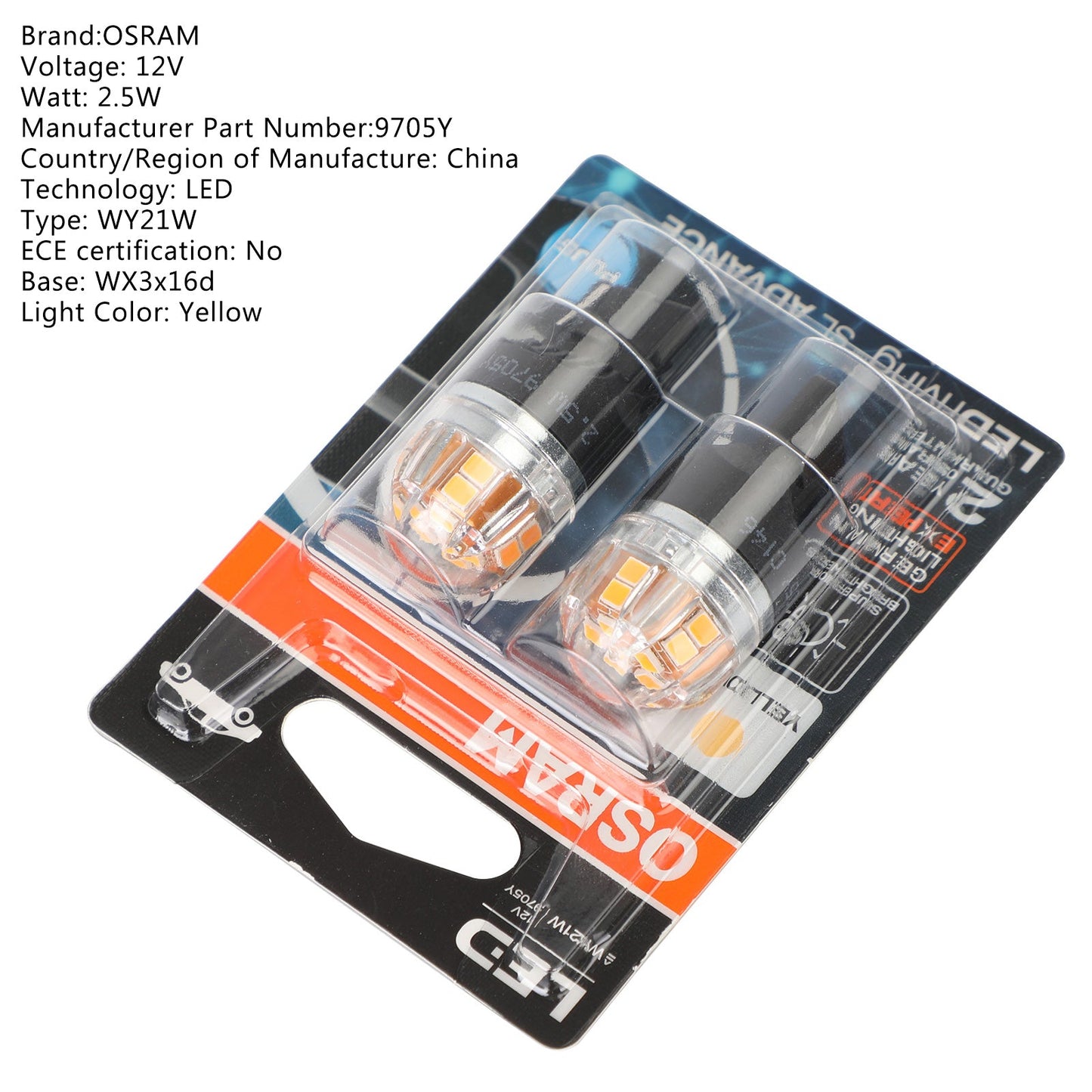 2x For OSRAM 9705Y Car Auxiliary Bulbs LED WY21W 12V2.5W WX3x16d