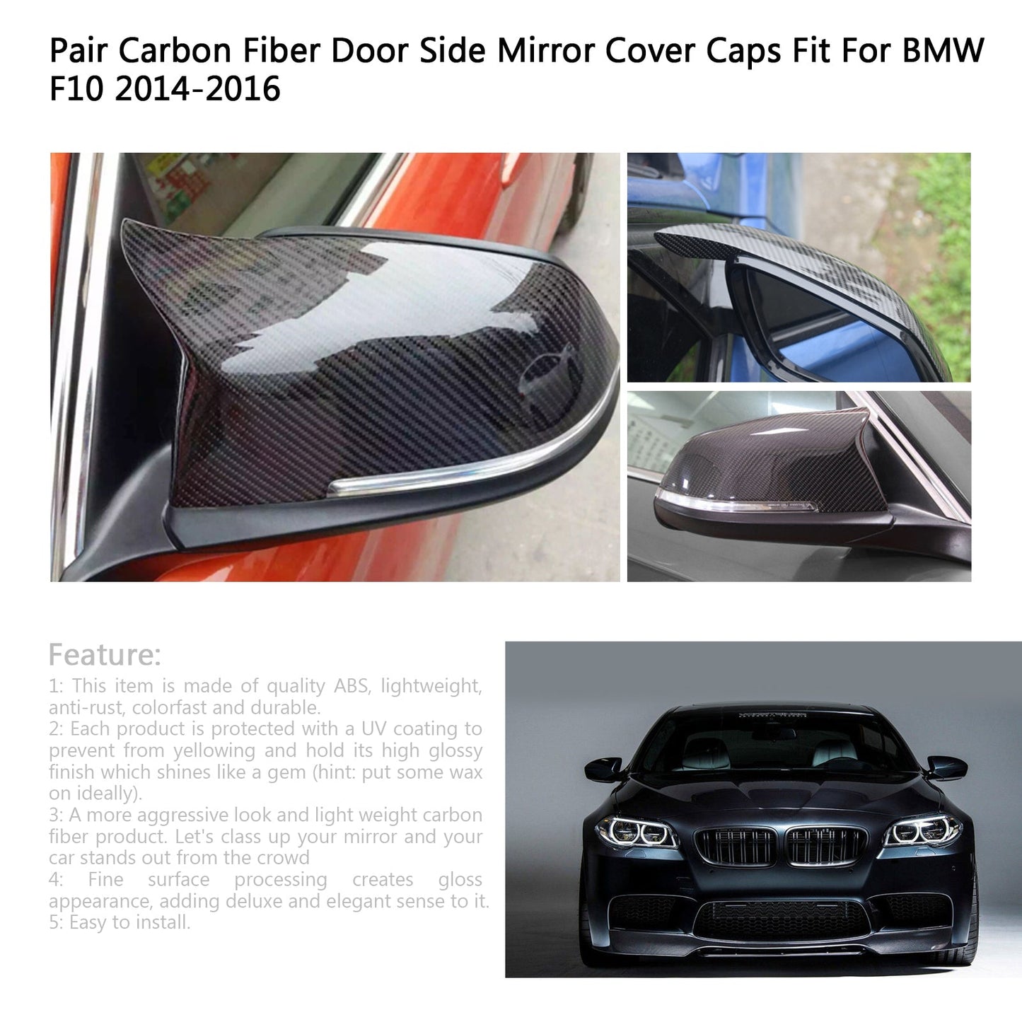 Pair Carbon Fiber Side Rear View Mirror Cover Caps For BMW F10 F18 2014-2016