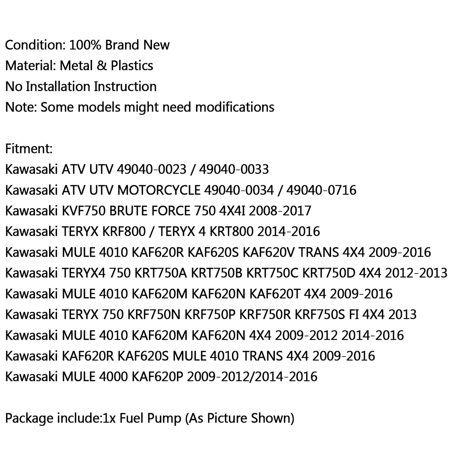 Fuel Pump For Kawasaki 49040-0023 ATV UTV TERYX 750 KRF800 MULE 4010 2010 Champoo