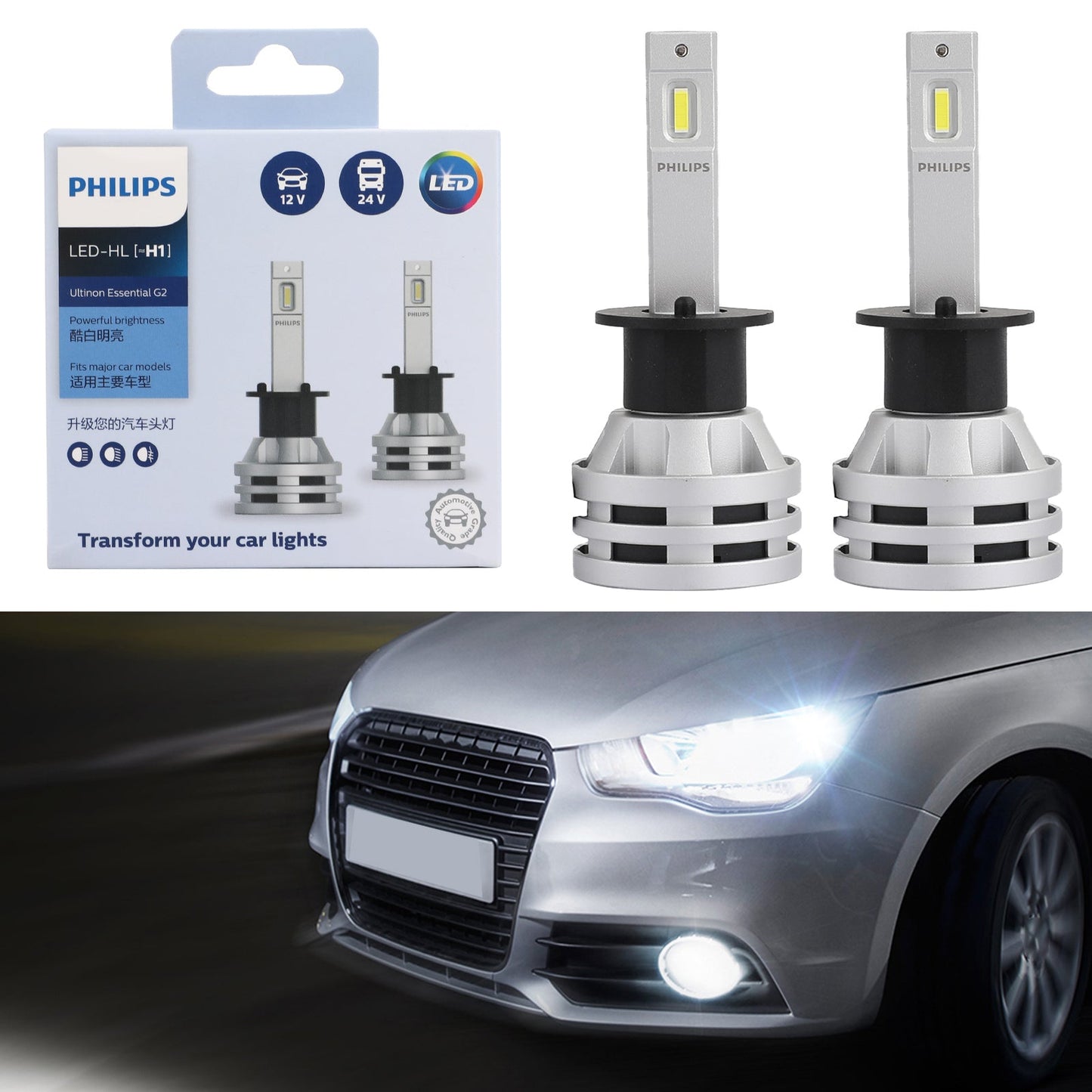 2PCS Philips H1 Led Ultinon Essential Car White Headlight Bulbs 6500K 19W