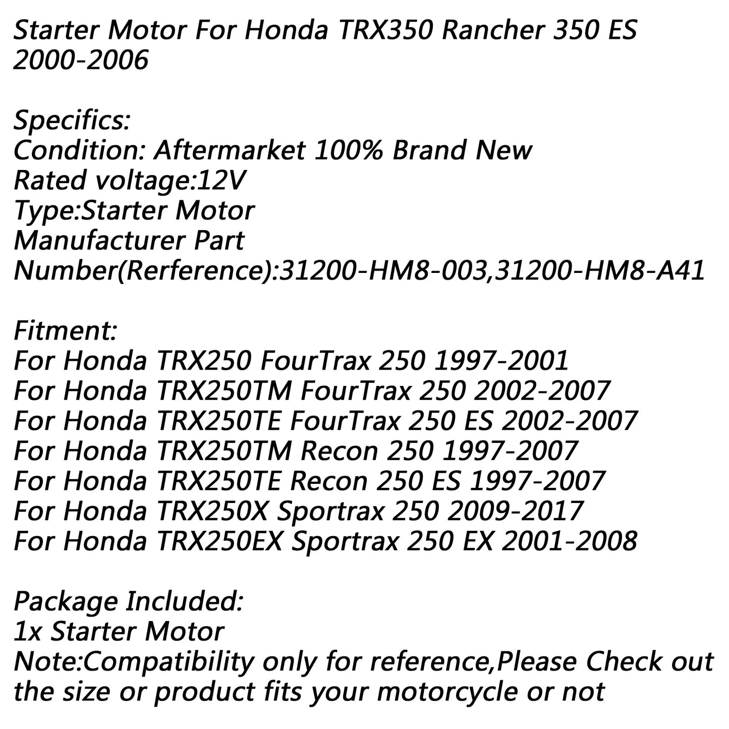 Electric Starter Motor for Honda TRX250 FourTrax 250 TRX250X Sportrax Recon ES Champoo