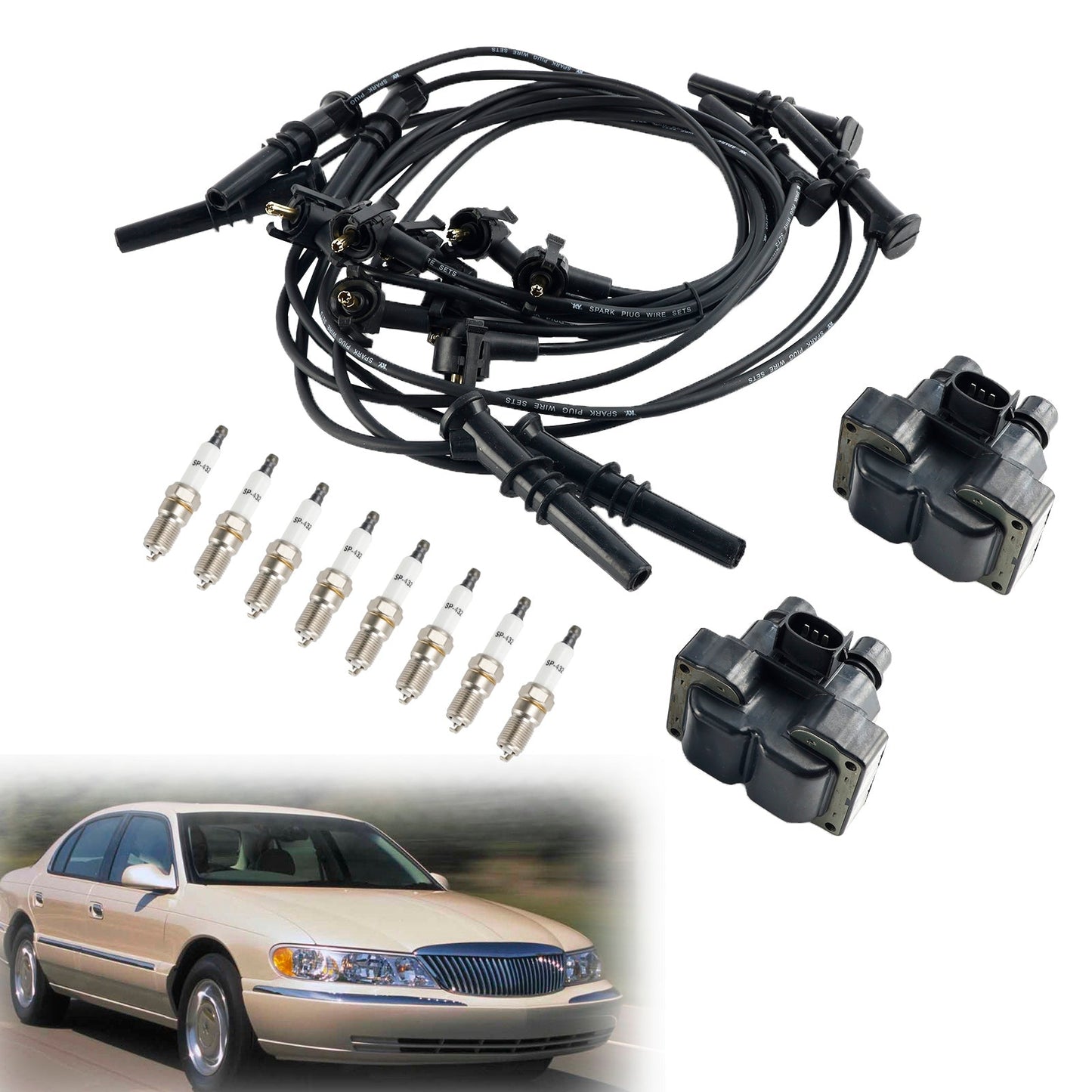 1995-1997 Lincoln Continental V8 4.6L 2 Ignition Coil Pack 8 Spark Plugs and Wire Set FD487 DG530