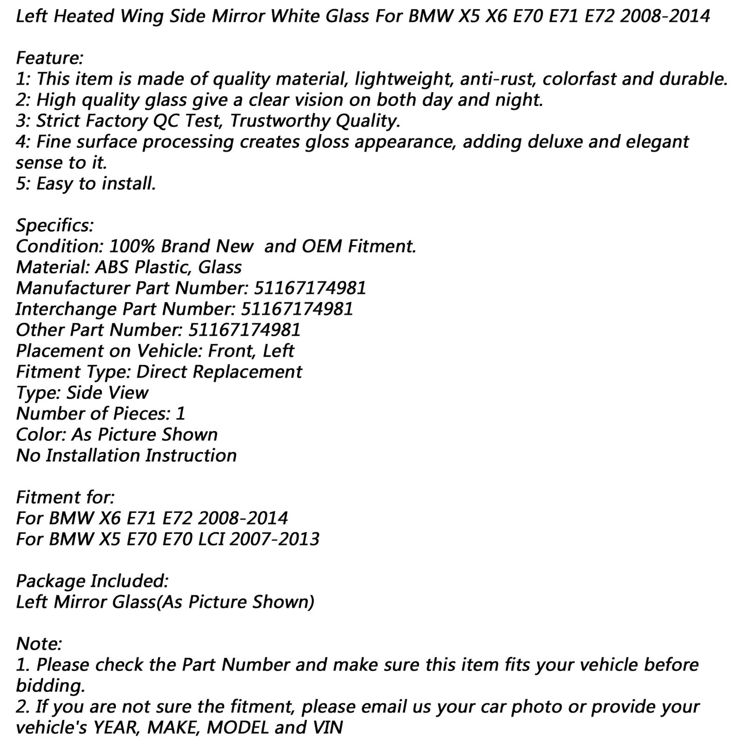 2008-2014 BMW X5 X6 E70 E71 E72 Left Heated Wing Side Mirror White Glass