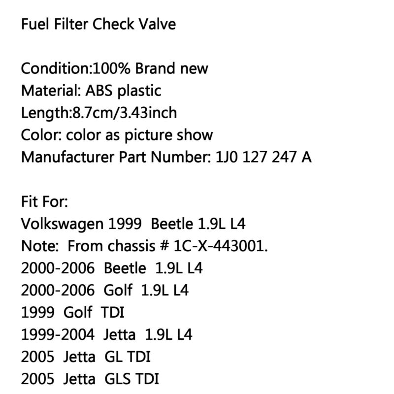 99-05 Beetle Golf Jetta New 1.9 TDI Diesel Fuel Filter Check Valve